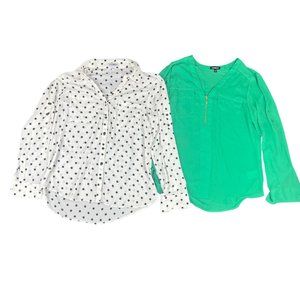 Express Lot Of 2 Blouses Shirts Black‎ White Polka Dot Portofino Green Women's M